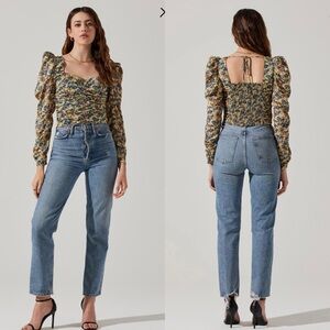 NWT ASTR Long Sleeve Floral Ruched‎ Top in Orange Black Ditsy